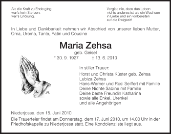 Traueranzeige von Maria Zehsa von HERSFELDER ZEITUNG