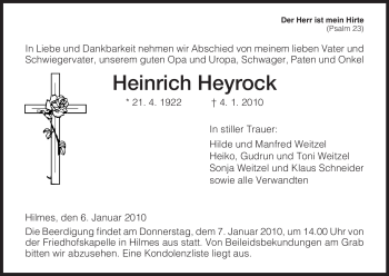 Traueranzeige von Heinrich Heyrock von HERSFELDER ZEITUNG