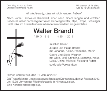 Traueranzeige von Walter Brandt von HERSFELDER ZEITUNG