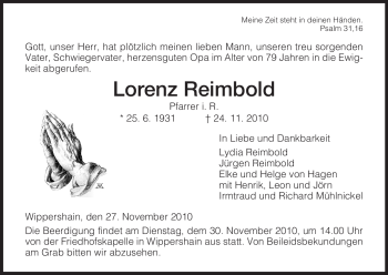 Traueranzeige von Lorenz Reimbold von HERSFELDER ZEITUNG