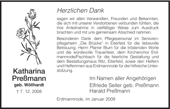 Traueranzeige von Katharina Preßmann von HERSFELDER ZEITUNG