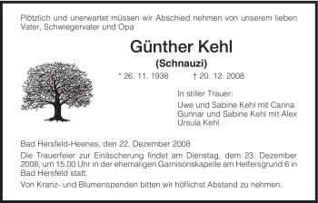 Traueranzeige von Günther Kehl von HERSFELDER ZEITUNG