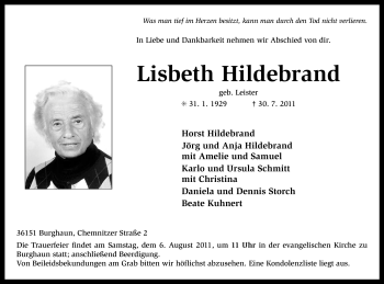 Traueranzeige von Lisbeth Hildebrand von HERSFELDER ZEITUNG