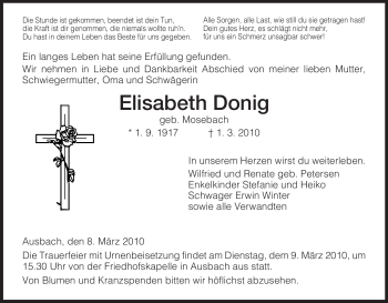 Traueranzeige von Elisabeth Donig von HERSFELDER ZEITUNG