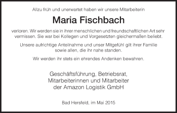 Traueranzeige von Maria Fischbach von Hersfeld