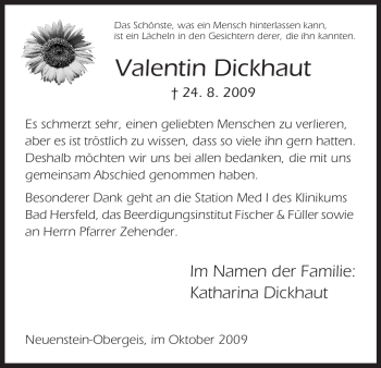 Traueranzeige von Valentin Dickhaut von HERSFELDER ZEITUNG