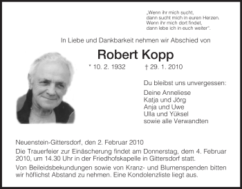 Traueranzeige von Robert Kopp von HERSFELDER ZEITUNG