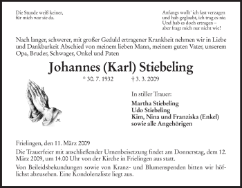 Traueranzeige von Johannes (Karl) Stiebeling von HERSFELDER ZEITUNG