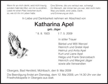 Traueranzeige von Katharina Apel von HERSFELDER ZEITUNG