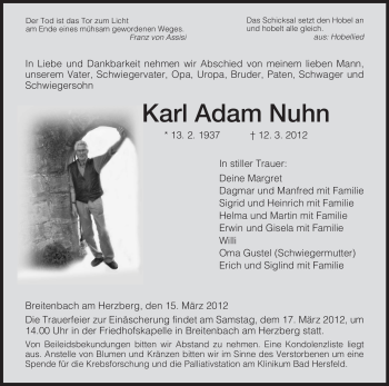 Traueranzeige von Karl Adam Nuhn von HERSFELDER ZEITUNG