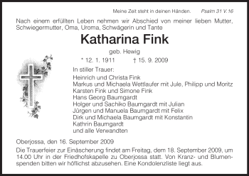 Traueranzeige von Katharina Fink von HERSFELDER ZEITUNG