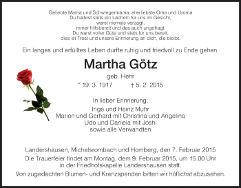 Traueranzeige von Martha Götz von Hersfeld