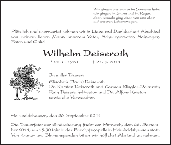 Traueranzeige von Wilhelm Deiseroth von HERSFELDER ZEITUNG