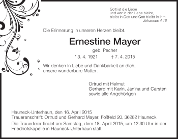 Traueranzeige von Ernestine Mayer von Hersfeld