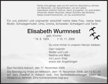 Traueranzeige von Elisabeth Wurmnest von HERSFELDER ZEITUNG