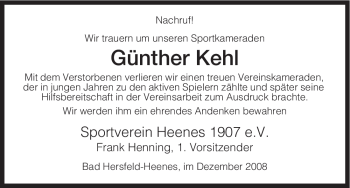 Traueranzeige von Günther Kehl von HERSFELDER ZEITUNG