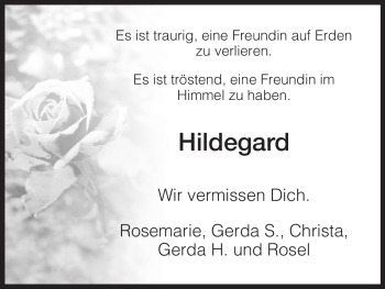 Traueranzeige von Hildegard Unbekannt von HERSFELDER ZEITUNG