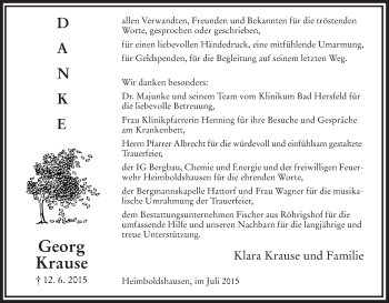 Traueranzeige von Georg Krause von Hersfeld