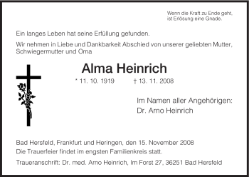 Traueranzeige von Alma Heinrich von HERSFELDER ZEITUNG