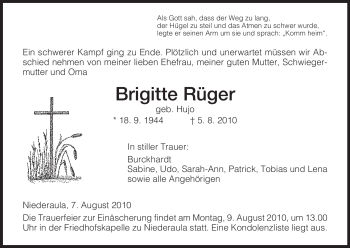 Traueranzeige von Brigitte Rüger von HERSFELDER ZEITUNG