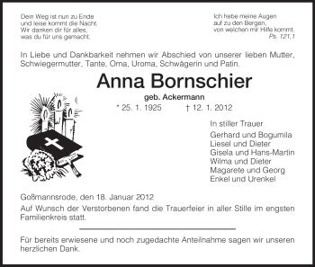 Traueranzeige von Anna Bornschier von HERSFELDER ZEITUNG