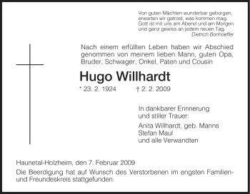 Traueranzeige von Hugo Willhardt von HERSFELDER ZEITUNG