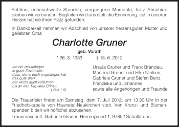 Traueranzeige von Charlotte Gruner von HERSFELDER ZEITUNG