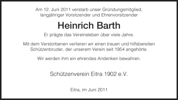 Traueranzeige von Heinrich Barth von HERSFELDER ZEITUNG