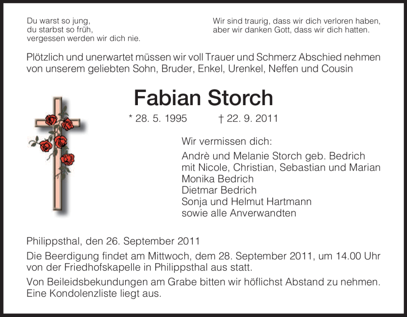  Traueranzeige für Fabian Storch vom 26.09.2011 aus HERSFELDER ZEITUNG