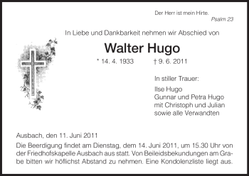 Traueranzeige von Walter Hugo von HERSFELDER ZEITUNG
