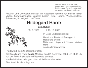 Traueranzeige von Hildegard Harre von HERSFELDER ZEITUNG