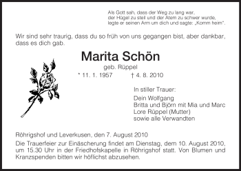 Traueranzeige von Marita Schön von HERSFELDER ZEITUNG