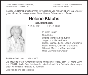 Traueranzeige von Helene Klauhs von HERSFELDER ZEITUNG