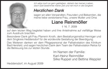 Traueranzeige von Liane Reinmoeller von HERSFELDER ZEITUNG