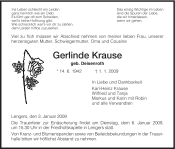 Traueranzeige von Gerlinde Krause von HERSFELDER ZEITUNG