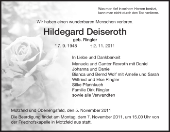 Traueranzeige von Hildegard Deiseroth von HERSFELDER ZEITUNG