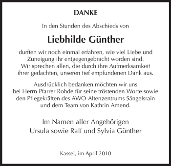 Traueranzeige von Liebhilde Günther von HERSFELDER ZEITUNG