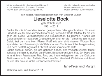 Traueranzeige von Lieselotte Bock von HERSFELDER ZEITUNG