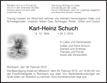 Traueranzeige von Karl-Heinz Schuch von HERSFELDER ZEITUNG