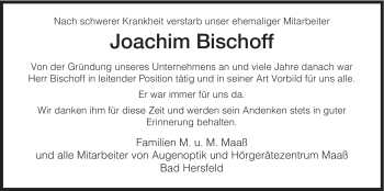 Traueranzeige von Joachim Bischoff von HERSFELDER ZEITUNG