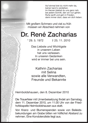 Traueranzeige von Rene Zacharias von HERSFELDER ZEITUNG