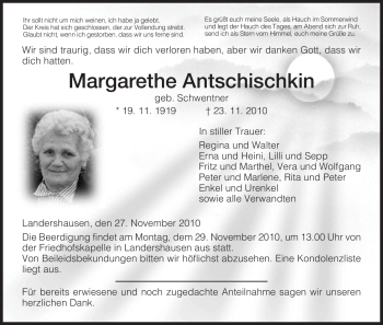 Traueranzeige von Margarethe Antschischkin von HERSFELDER ZEITUNG