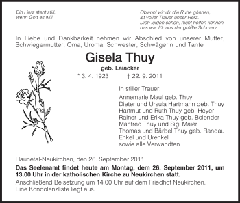 Traueranzeige von Gisela Thuy von HERSFELDER ZEITUNG