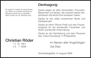 Traueranzeige von Christian Roeder von HERSFELDER ZEITUNG