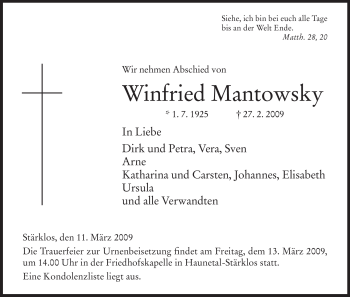 Traueranzeige von Winfried Mantowsky von HERSFELDER ZEITUNG