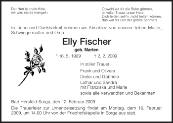Traueranzeige von Elly Fischer von HERSFELDER ZEITUNG
