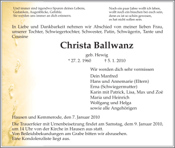 Traueranzeige von Christa Ballwanz von HERSFELDER ZEITUNG