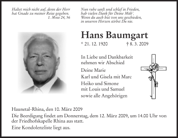 Traueranzeige von Hans Baumgart von HERSFELDER ZEITUNG