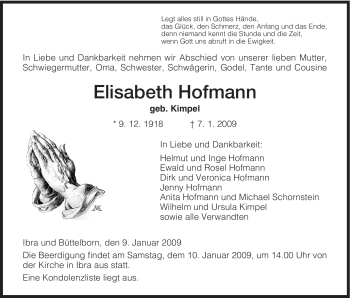 Traueranzeige von Elisabeth Hofmann von HERSFELDER ZEITUNG