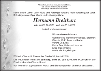 Traueranzeige von Hermann Breitbart von HERSFELDER ZEITUNG